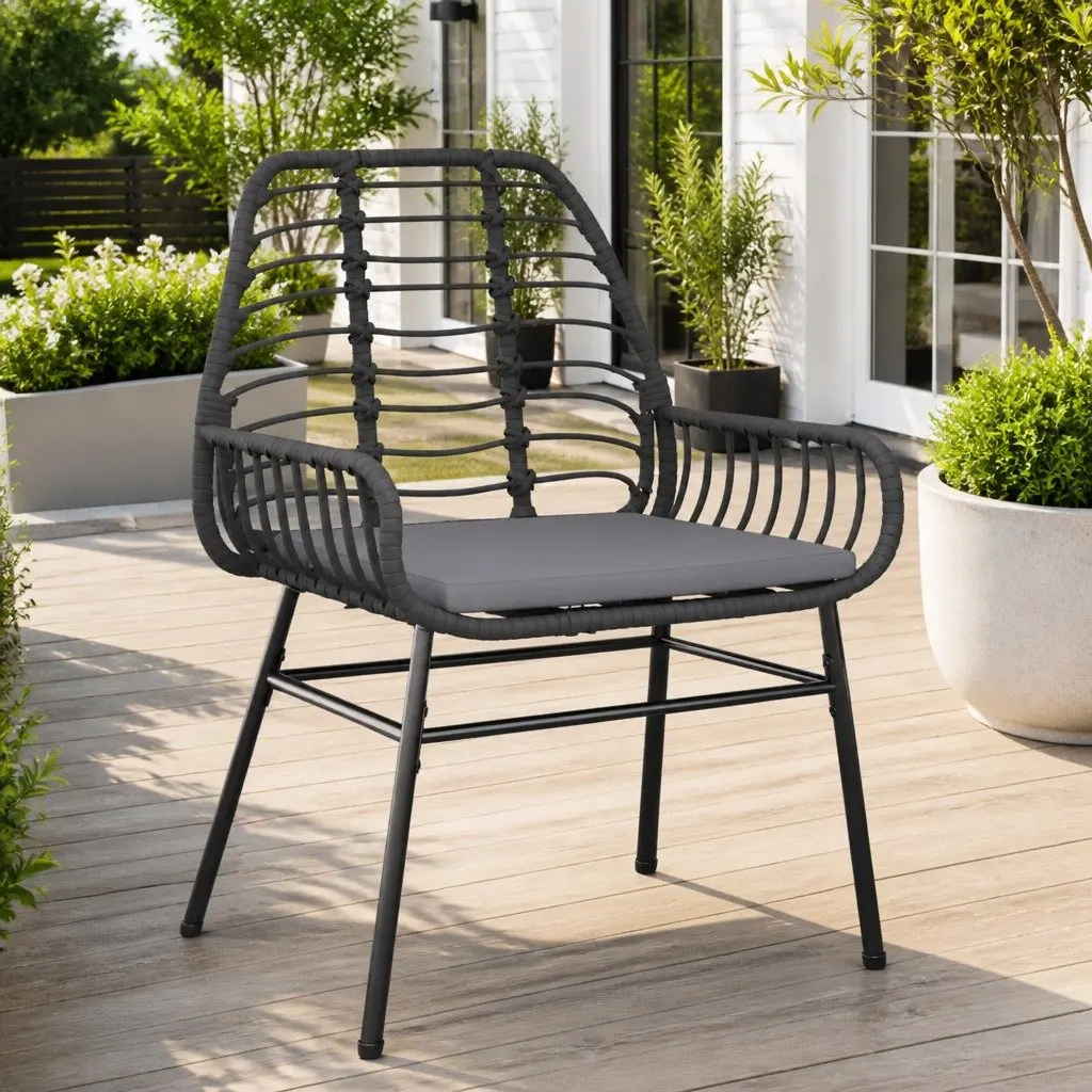 Outdoor Garden Chairs Padded Cushions 2 Piece Black Poly Rattan Seating
