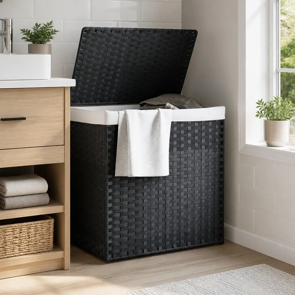 Laundry Basket 2 Sections 53x35x57 cm Grey Poly Rattan Storage Bin with Lid