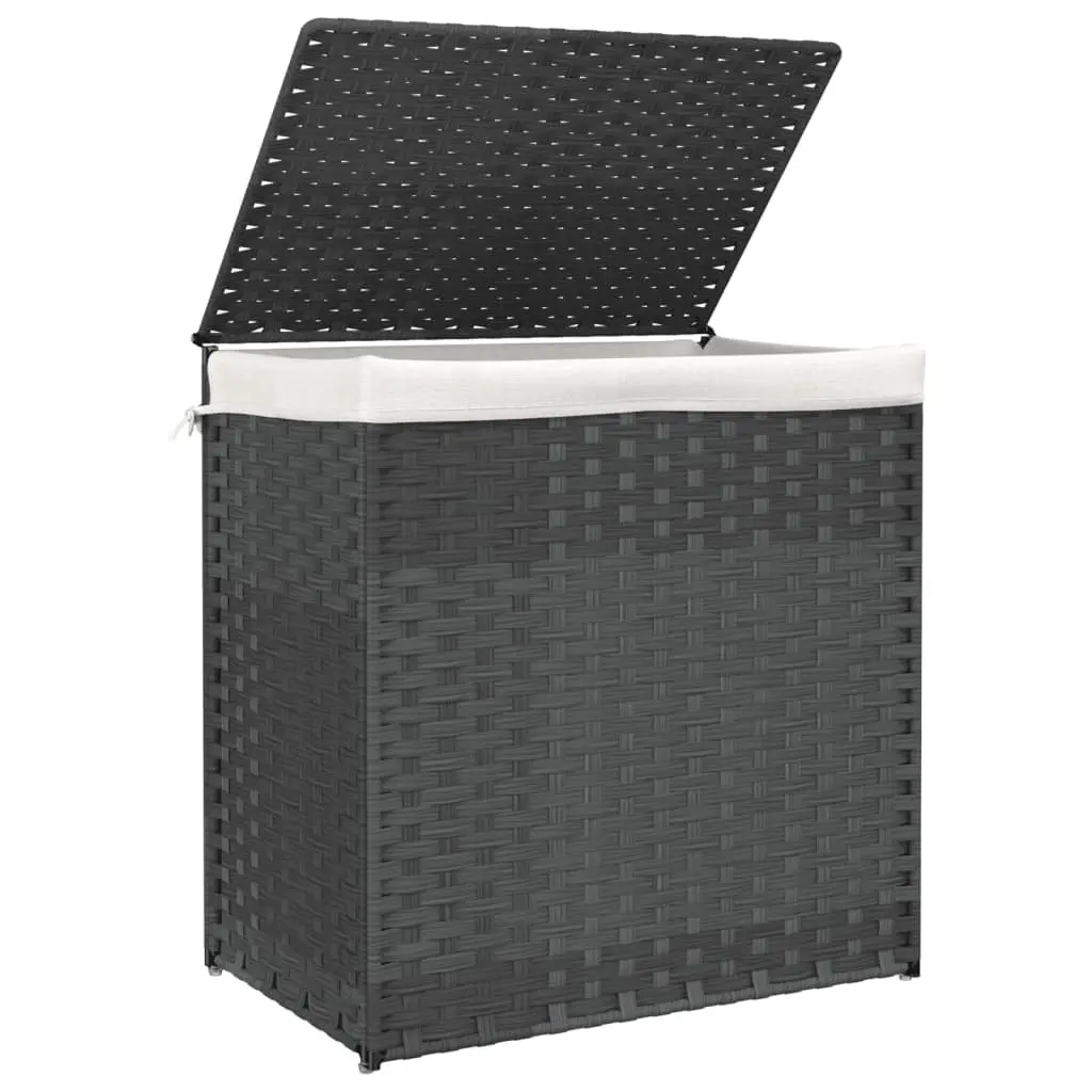 Laundry Basket 2 Sections 53x35x57 cm Grey Poly Rattan Storage Bin with Lid