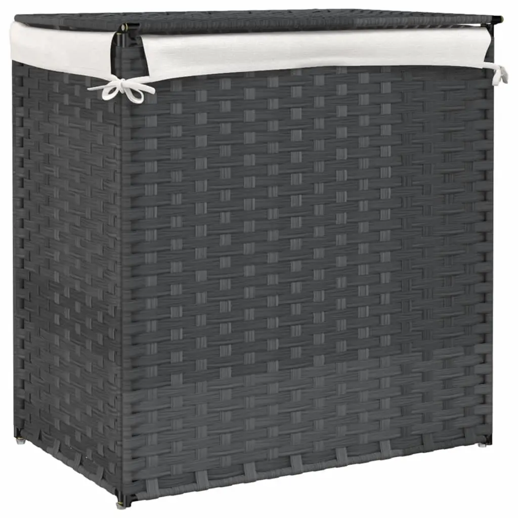 Laundry Basket 2 Sections 53x35x57 cm Grey Poly Rattan Storage Bin with Lid