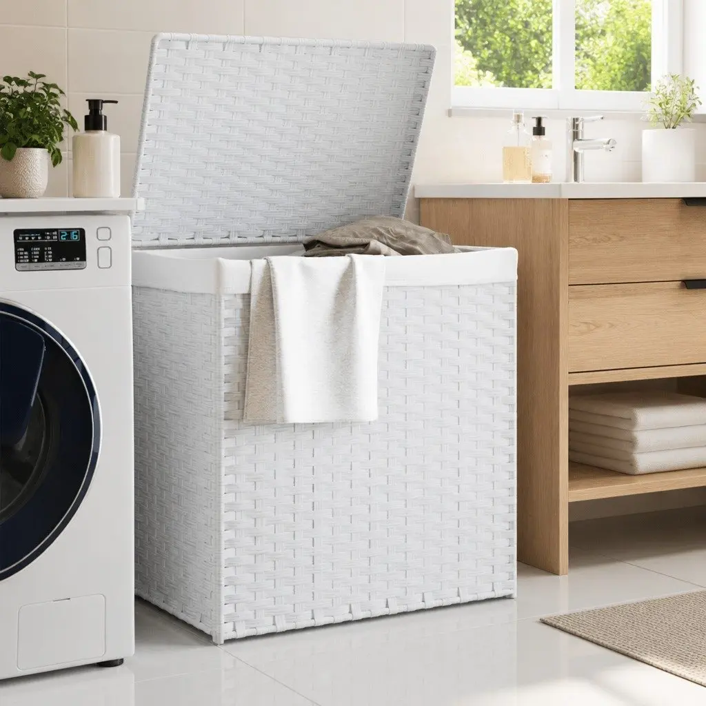 Laundry Basket with 2 Sections White 53x35x57cm Poly Rattan Foldable Hamper