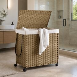 Laundry Basket with Wheels 60x35x60.5cm Brown Rattan 3 Compartments Sorter