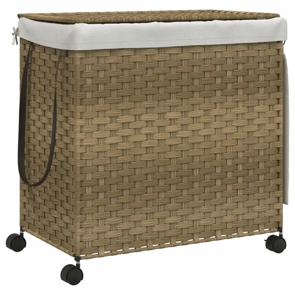Rattan Laundry Basket with Wheels 60x35x60.5cm Hamper 3 Compartments Brown