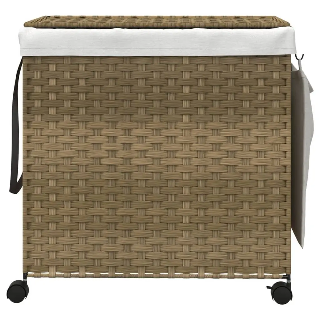 Rattan Laundry Basket with Wheels 60x35x60.5cm Hamper 3 Compartments Brown
