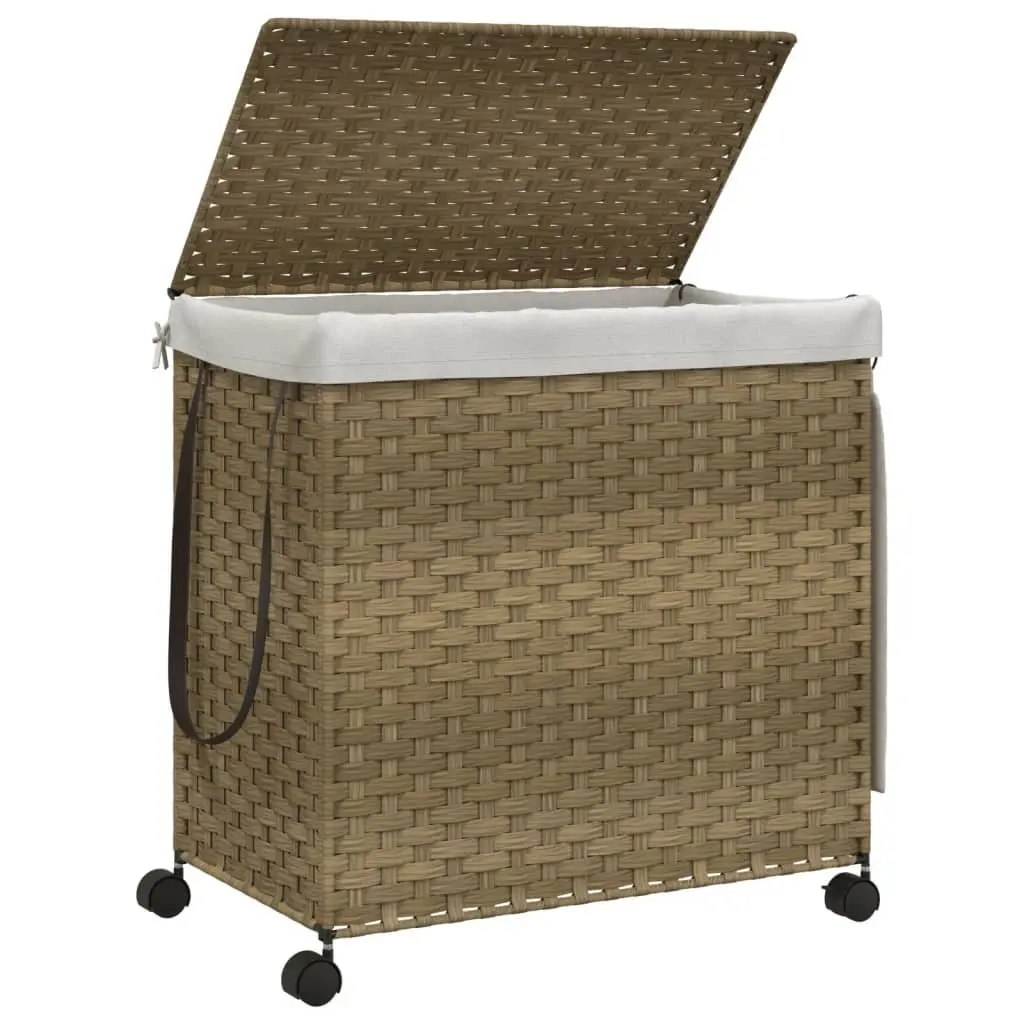 Rattan Laundry Basket with Wheels 60x35x60.5cm Hamper 3 Compartments Brown