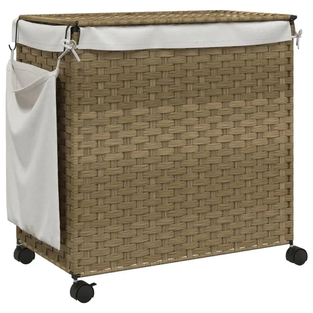 Rattan Laundry Basket with Wheels 60x35x60.5cm Hamper 3 Compartments Brown