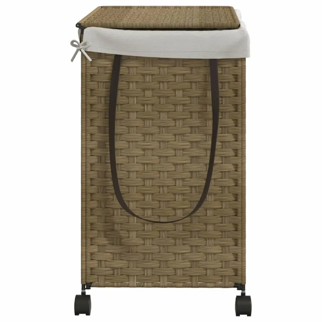 Rattan Laundry Basket with Wheels 60x35x60.5cm Hamper 3 Compartments Brown