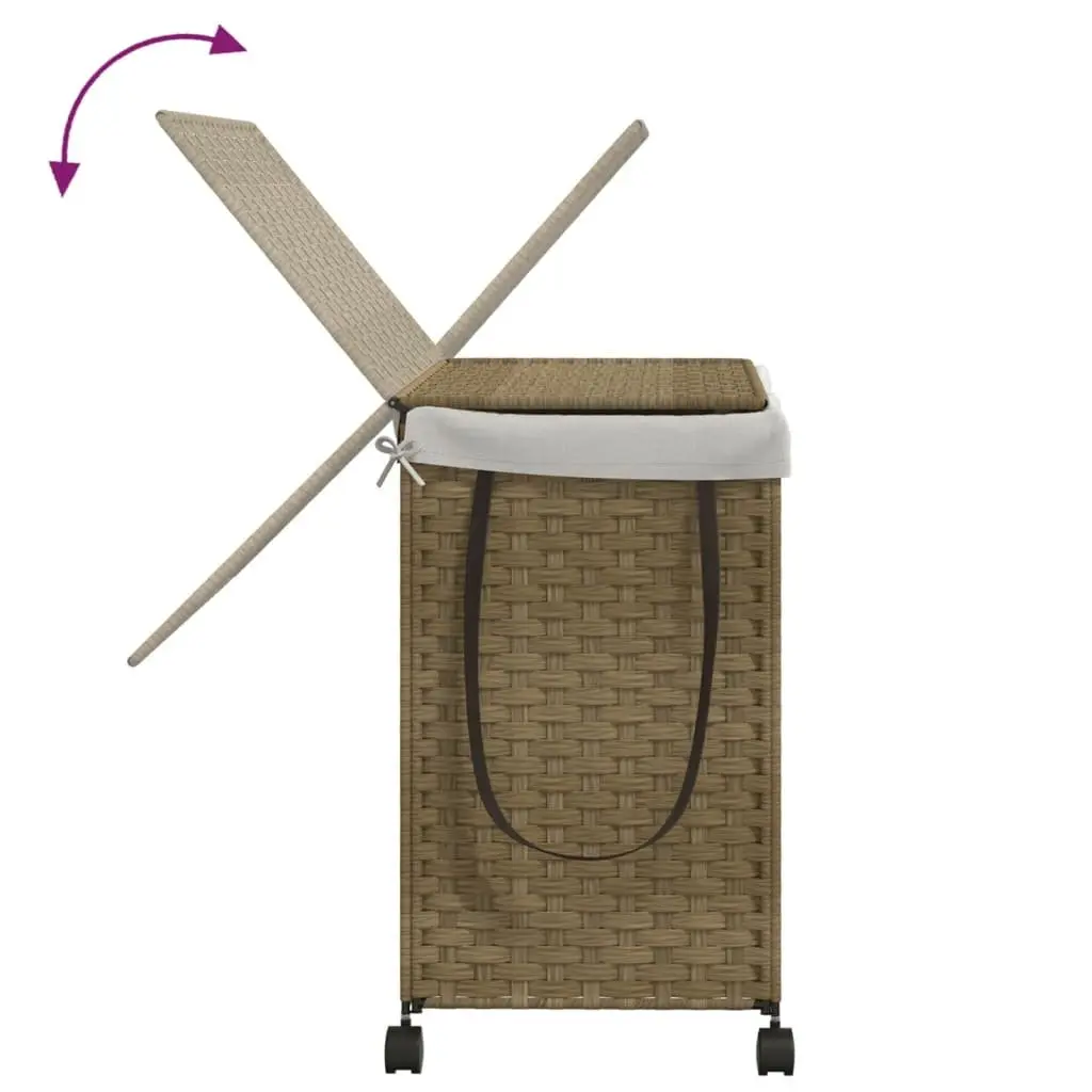 Rattan Laundry Basket with Wheels 60x35x60.5cm Hamper 3 Compartments Brown