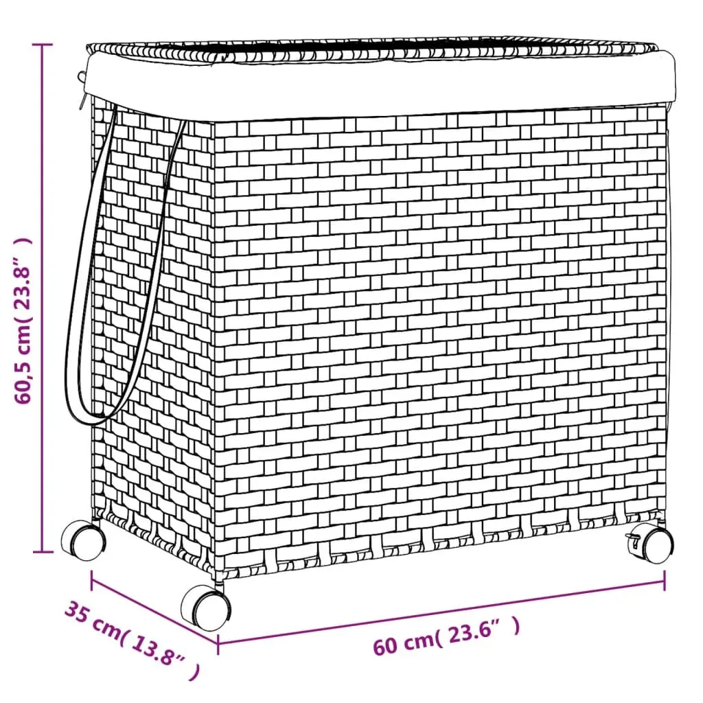 Rattan Laundry Basket with Wheels 60x35x60.5cm Hamper 3 Compartments Brown
