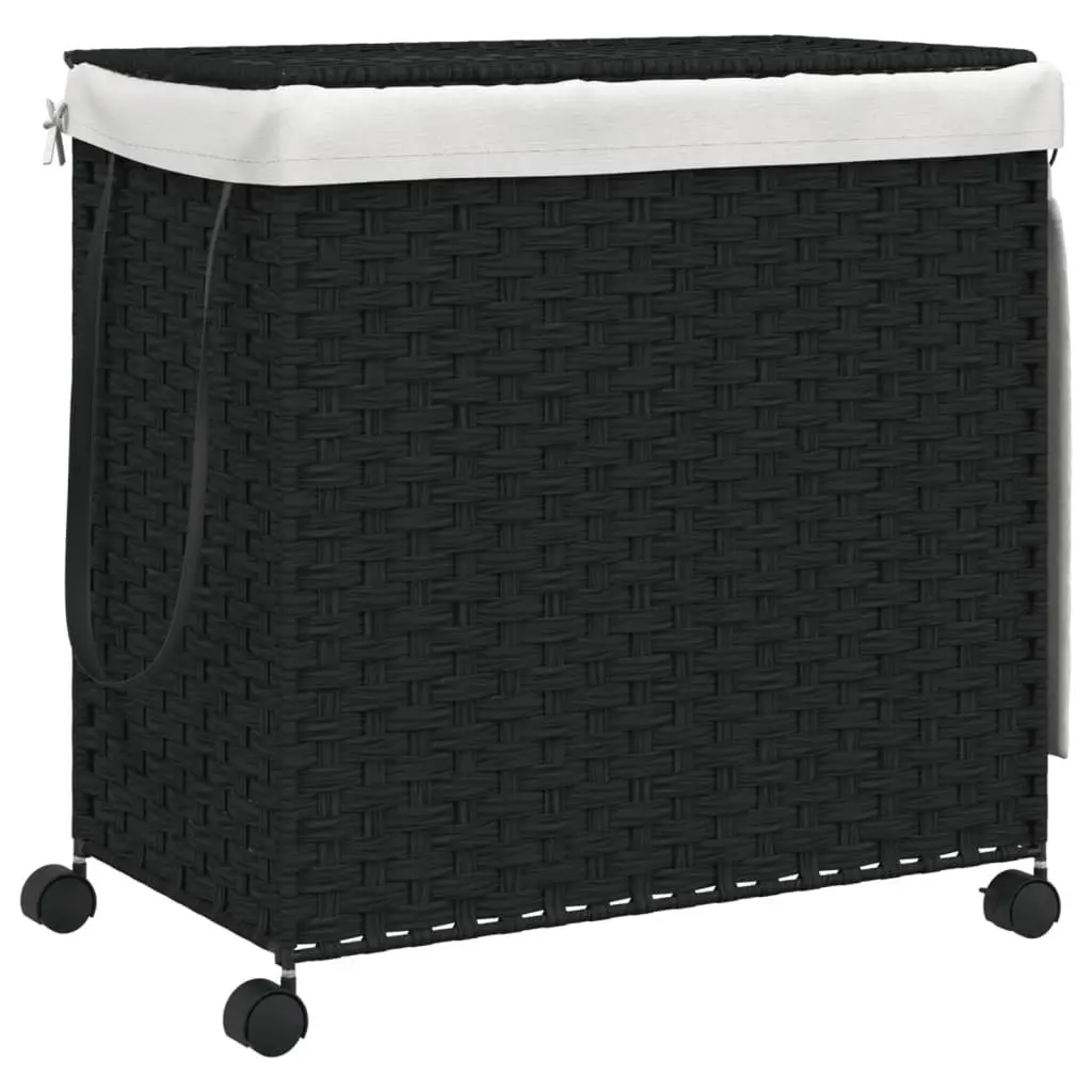Rattan Laundry Basket with Wheels Black 60x35x60.5cm Hamper 3 Compartments Lid
