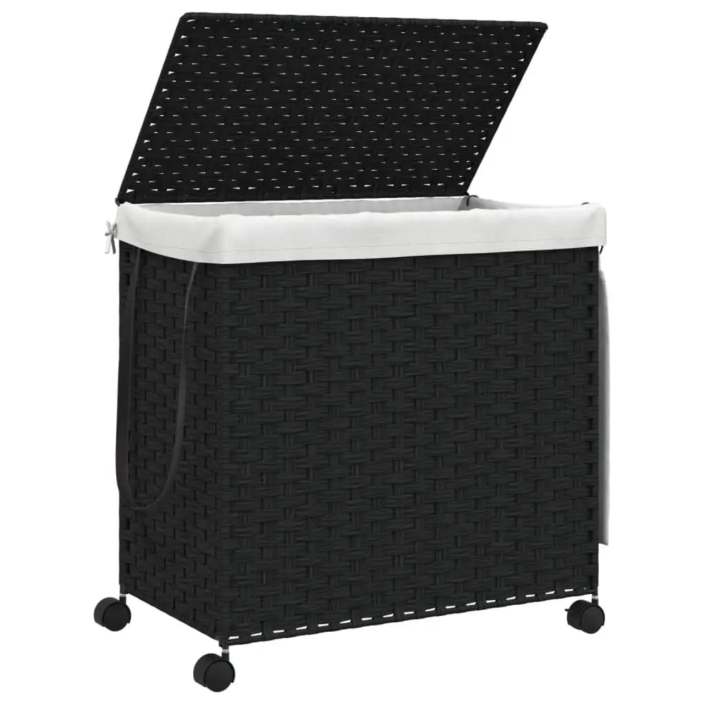 Rattan Laundry Basket with Wheels Black 60x35x60.5cm Hamper 3 Compartments Lid
