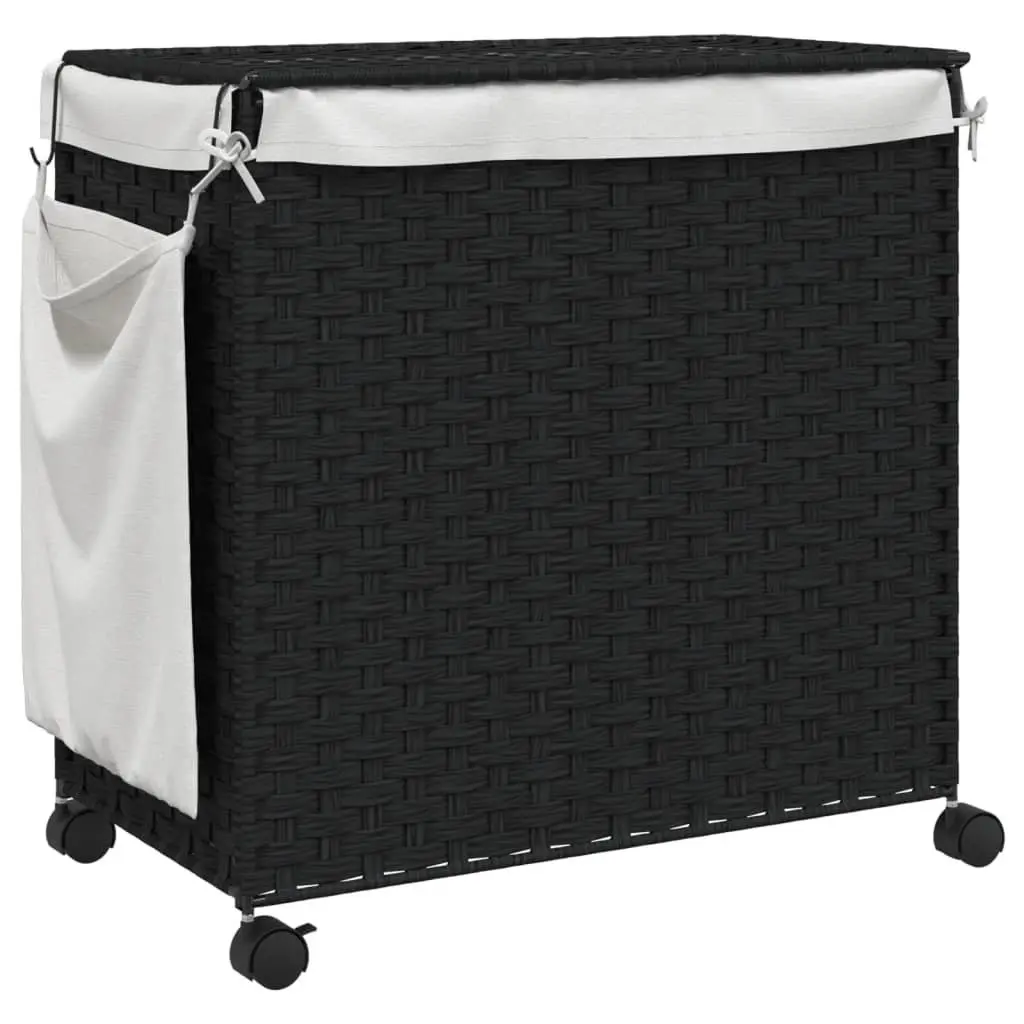 Rattan Laundry Basket with Wheels Black 60x35x60.5cm Hamper 3 Compartments Lid