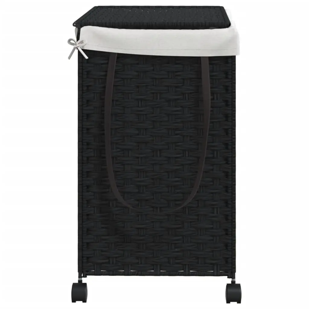 Rattan Laundry Basket with Wheels Black 60x35x60.5cm Hamper 3 Compartments Lid