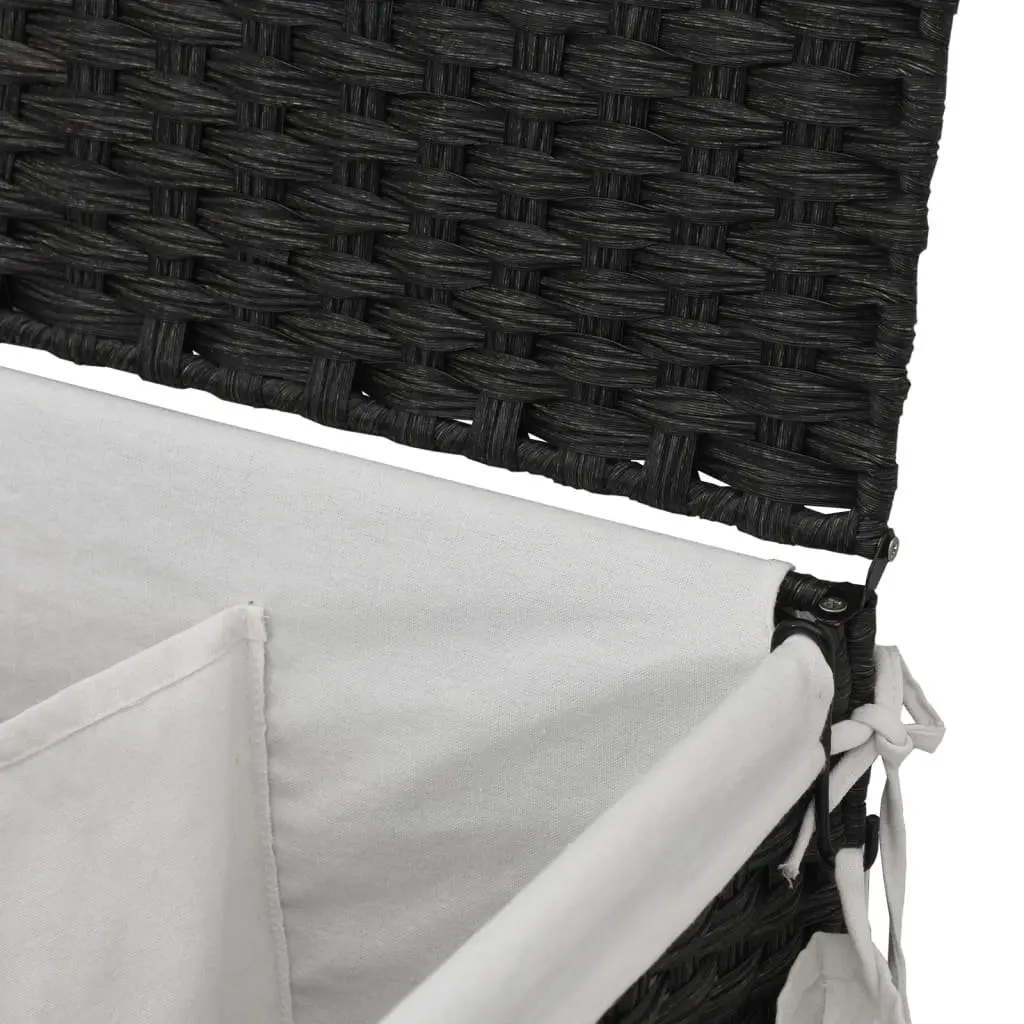 Rattan Laundry Basket with Wheels Black 60x35x60.5cm Hamper 3 Compartments Lid