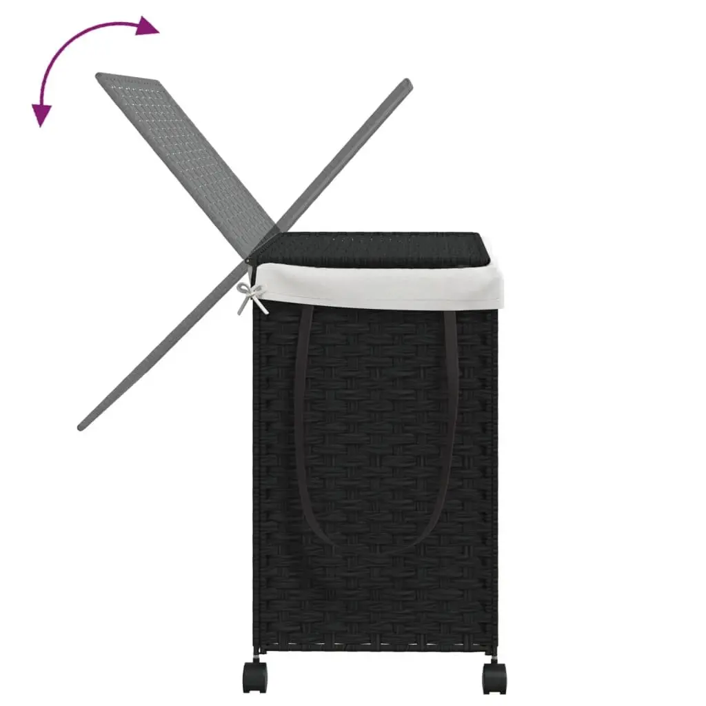 Rattan Laundry Basket with Wheels Black 60x35x60.5cm Hamper 3 Compartments Lid