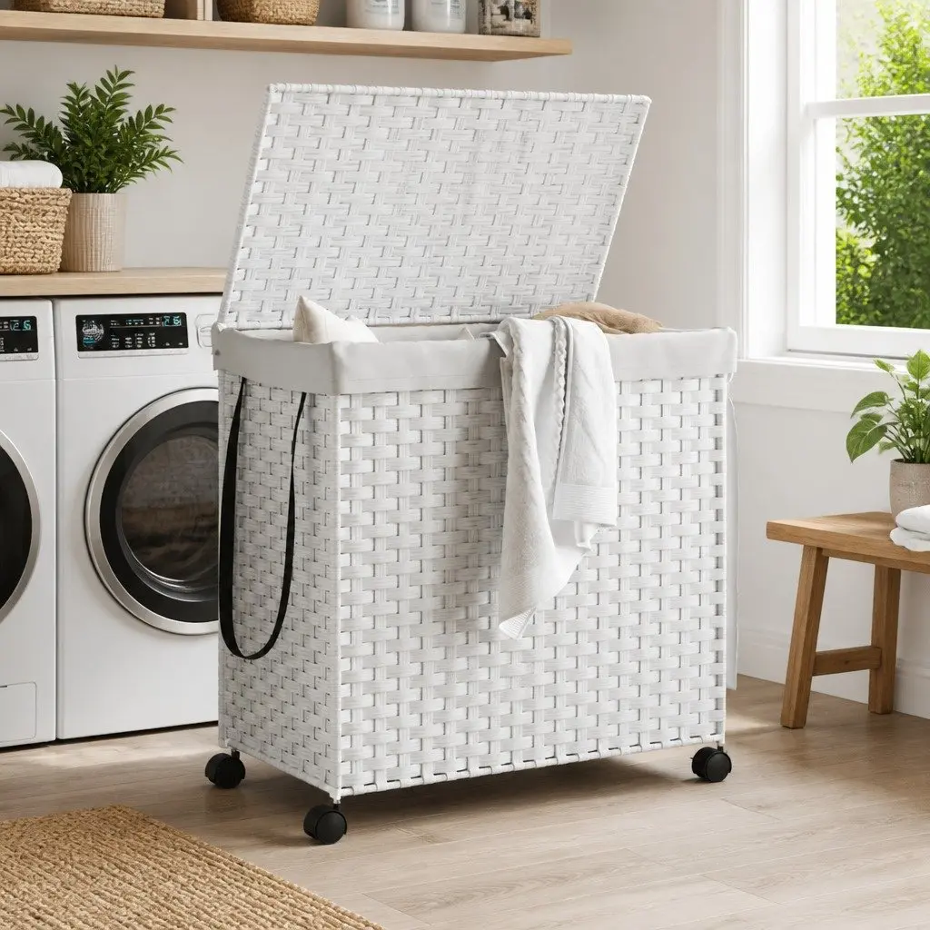 Rattan Laundry Basket with Wheels 60x35x60.5cm White 3 Compartments