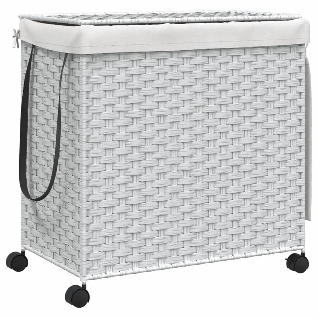 Rattan Laundry Basket with Wheels 60x35x60.5cm White 3 Compartments