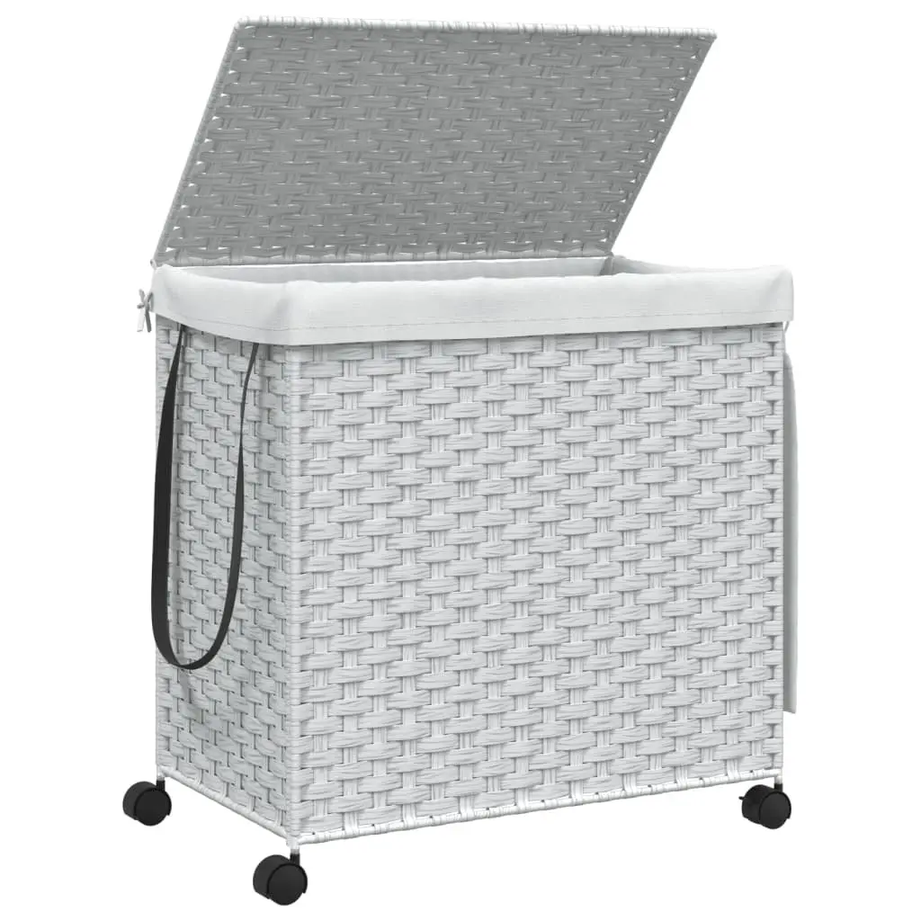 Rattan Laundry Basket with Wheels 60x35x60.5cm White 3 Compartments