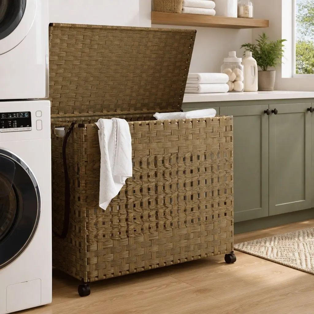 Hand-Woven Rattan Laundry Basket with Wheels 66x35x60cm