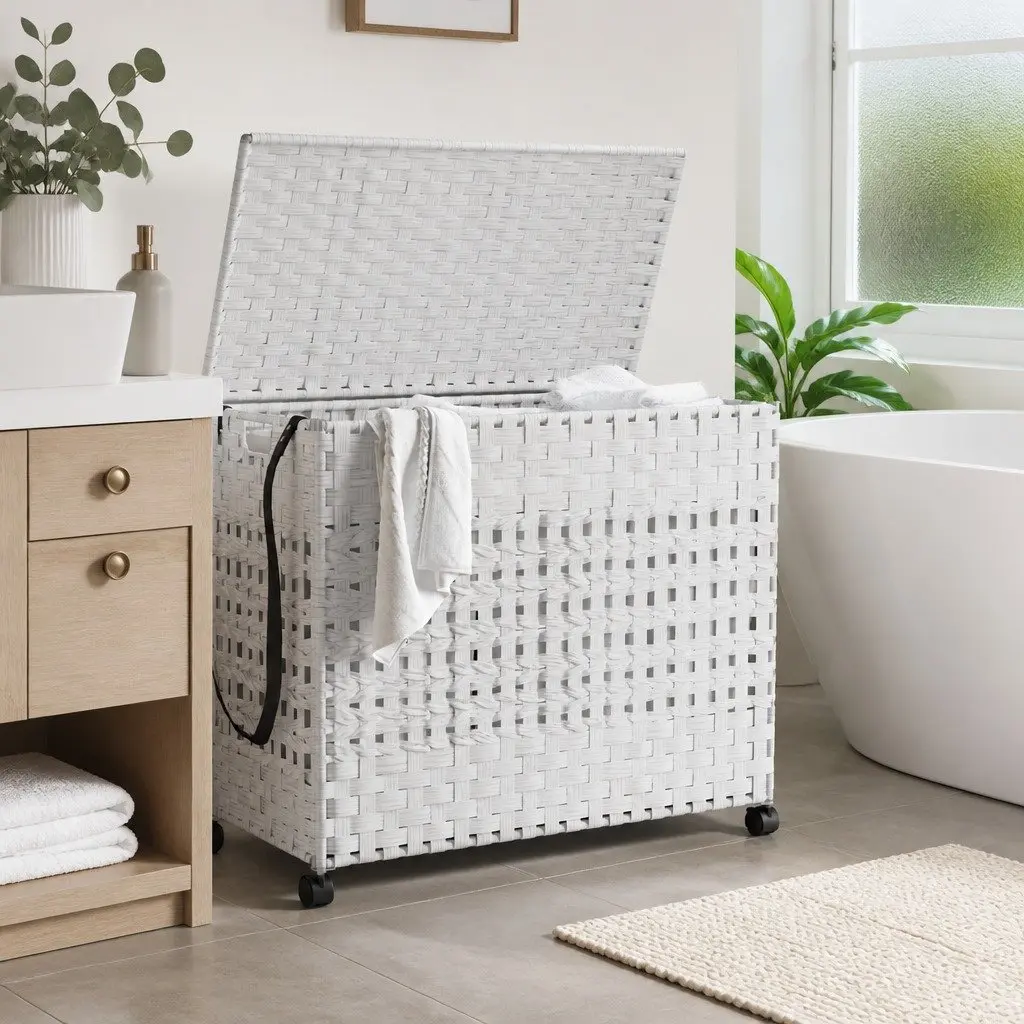Rattan Laundry Basket 66x35x60cm White 3 Compartments with Wheels