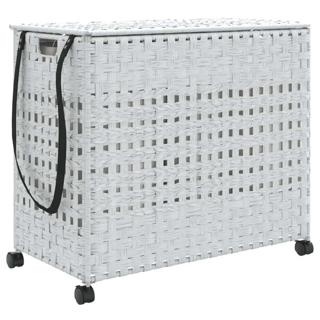 Rattan Laundry Basket 66x35x60cm White 3 Compartments with Wheels