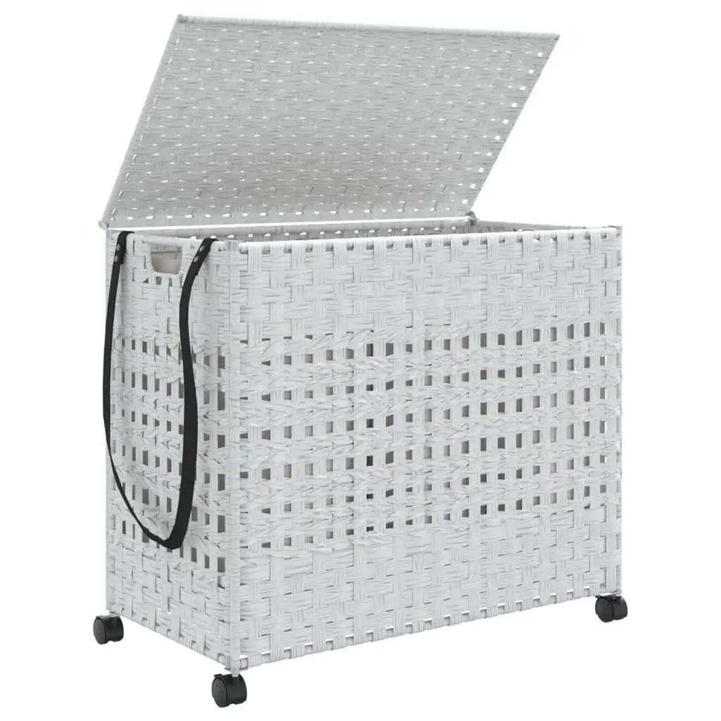 Rattan Laundry Basket 66x35x60cm White 3 Compartments with Wheels