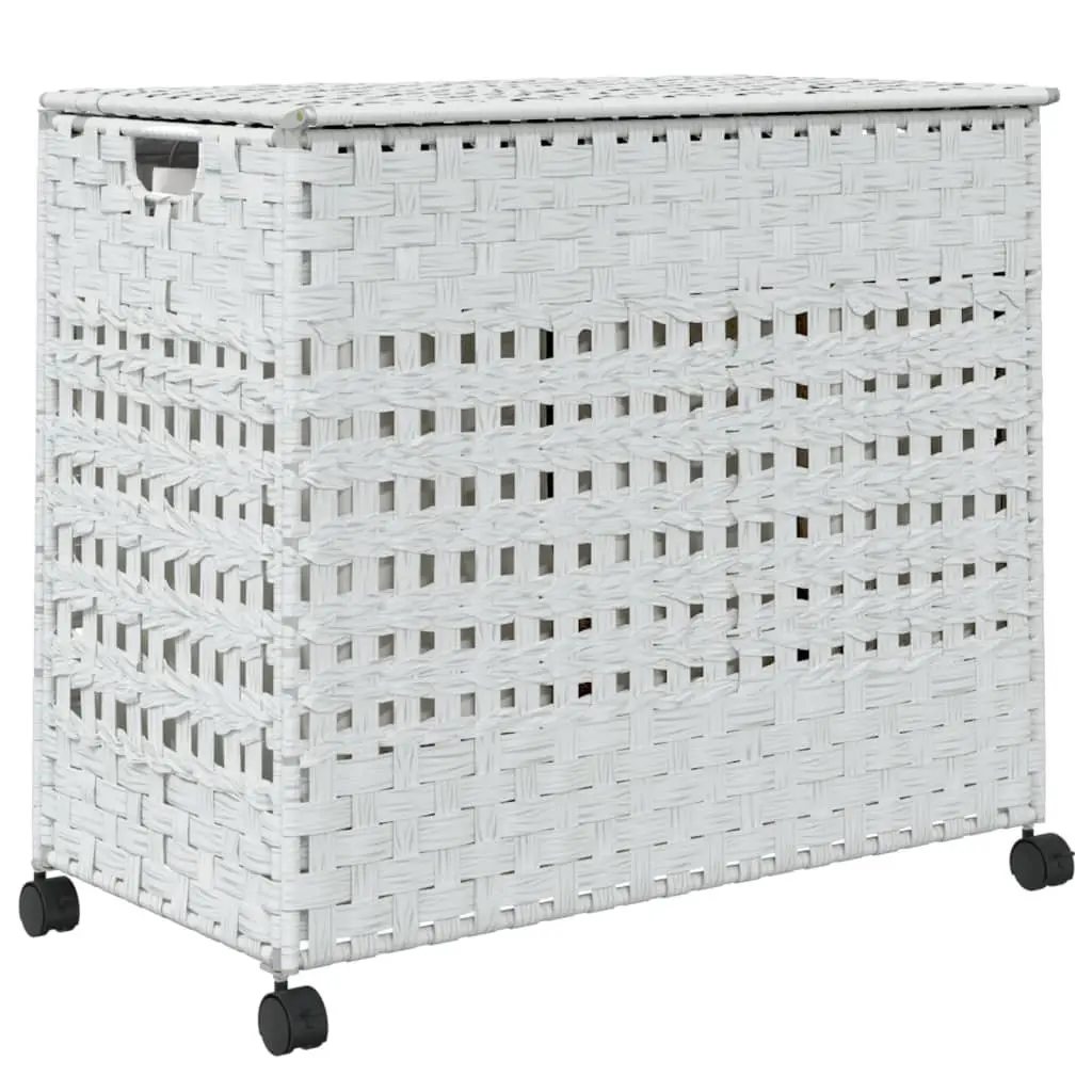 Rattan Laundry Basket 66x35x60cm White 3 Compartments with Wheels