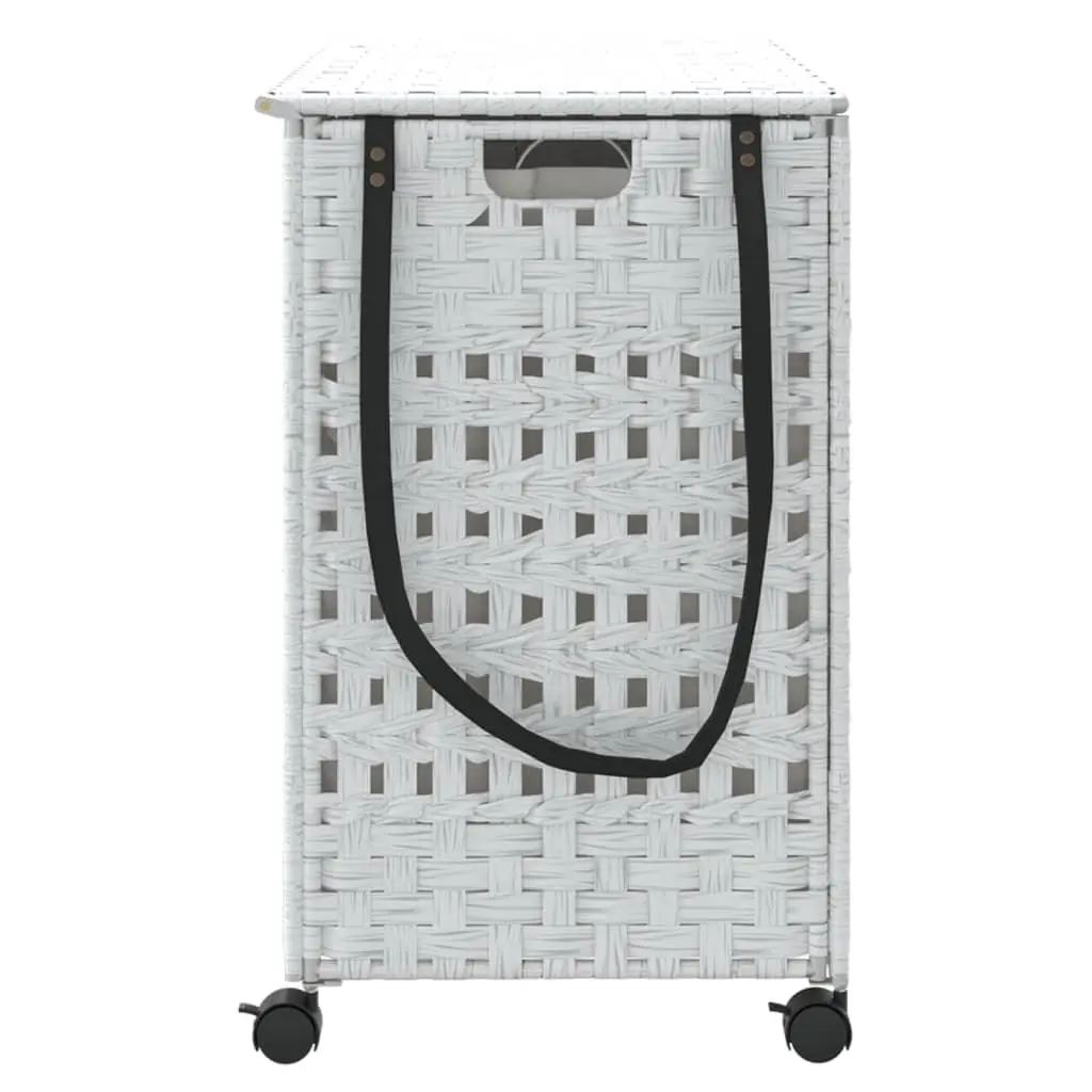 Rattan Laundry Basket 66x35x60cm White 3 Compartments with Wheels