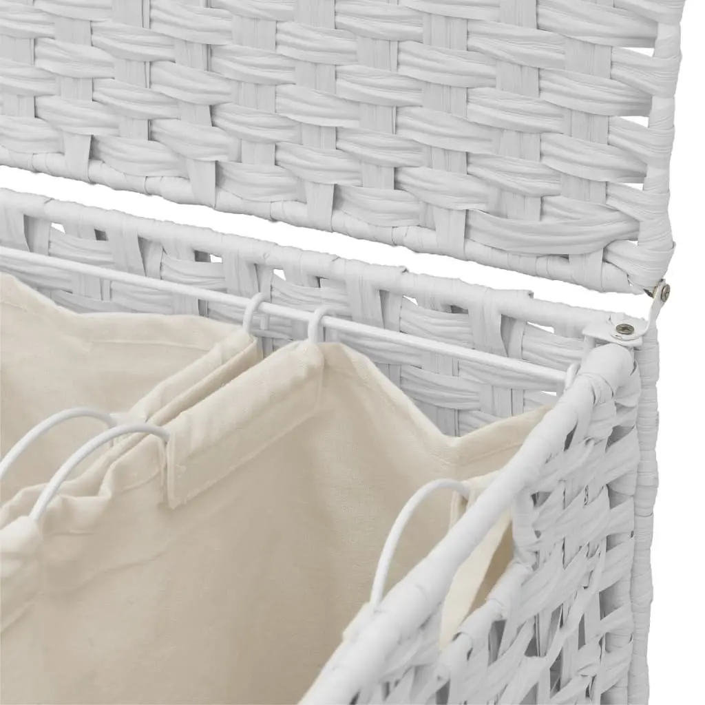 Rattan Laundry Basket 66x35x60cm White 3 Compartments with Wheels