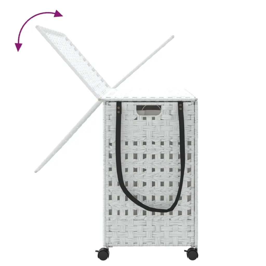 Rattan Laundry Basket 66x35x60cm White 3 Compartments with Wheels