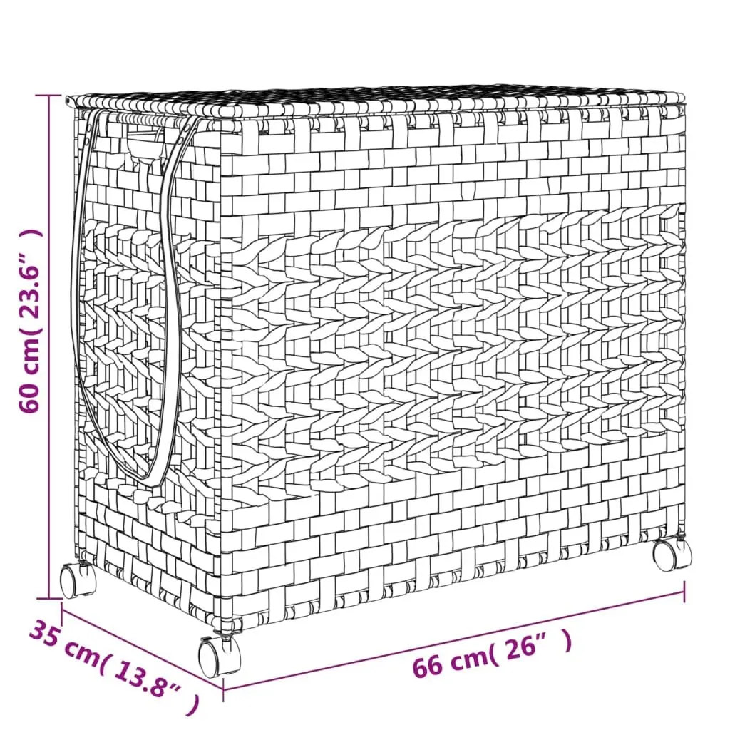 Rattan Laundry Basket 66x35x60cm White 3 Compartments with Wheels