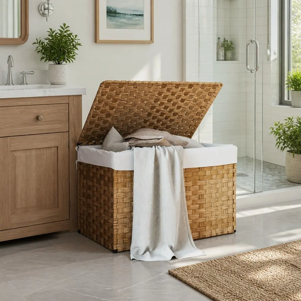 Laundry Basket with Lid Organise Laundry 55.5 x 35 x 34 cm Brown Poly Rattan Foldable Storage Bin