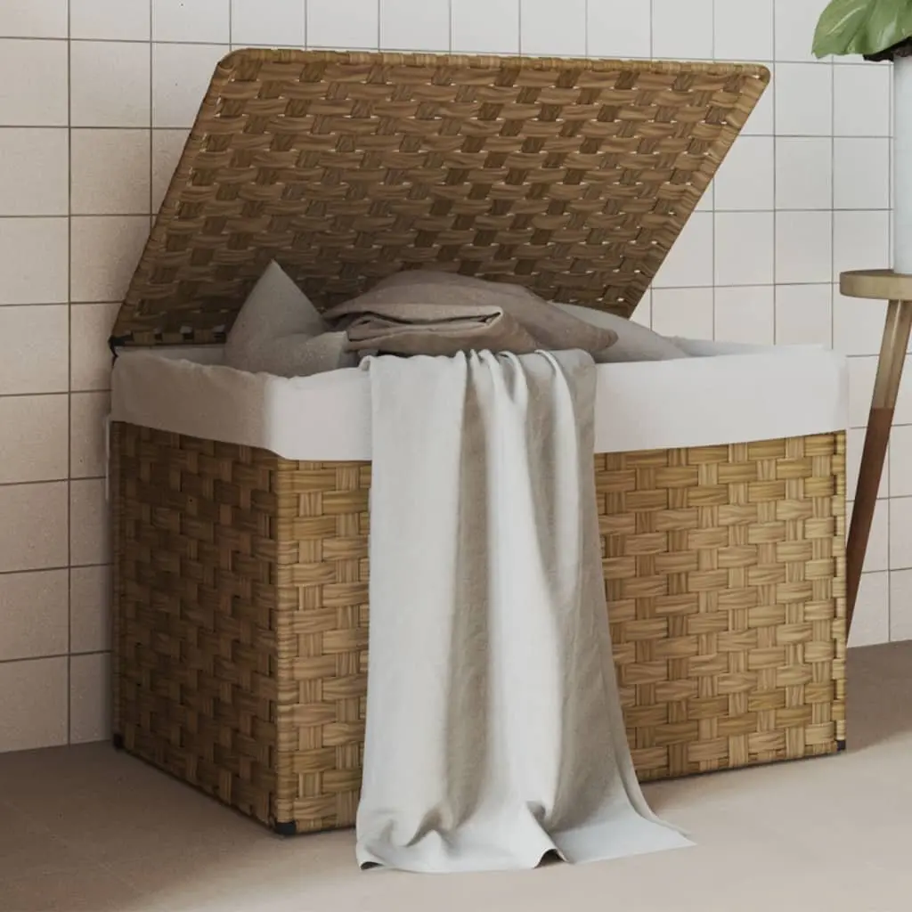 Laundry Basket with Lid Brown Poly Rattan Foldable Storage Bin Household