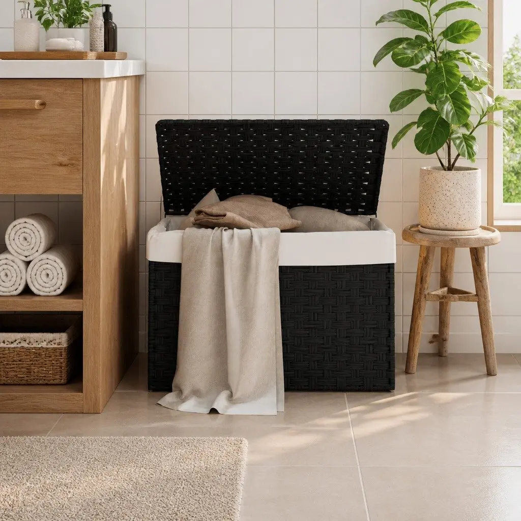 Black Laundry Basket with Lid and Removable Bag