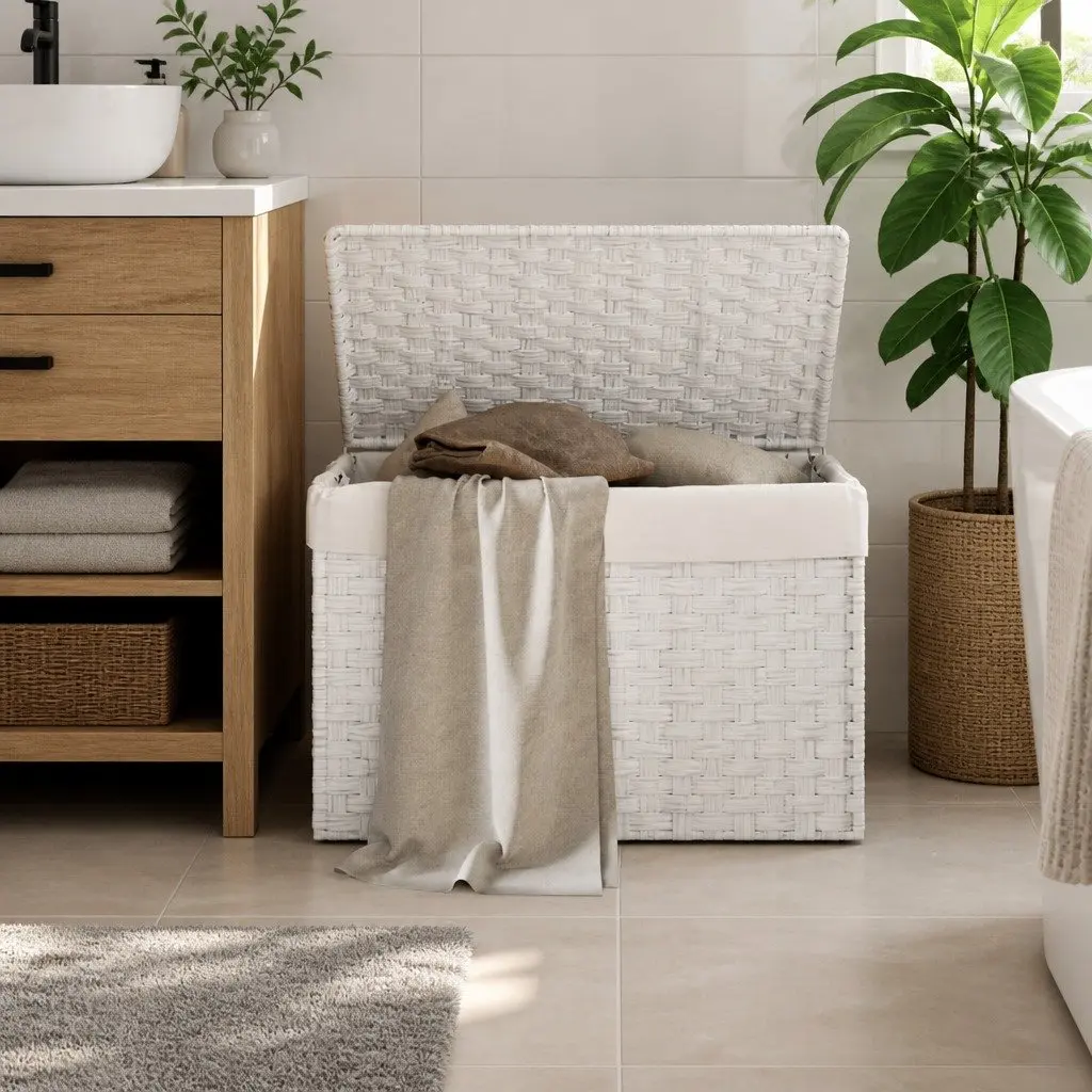 Laundry Basket with Lid Organizing Storage 55.5x35x34cm White Poly Rattan
