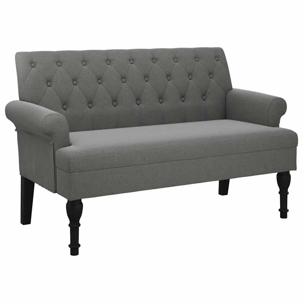 Bench with Backrest Grey Fabric Padded Seat Armrests Button Tufts Wooden Feet