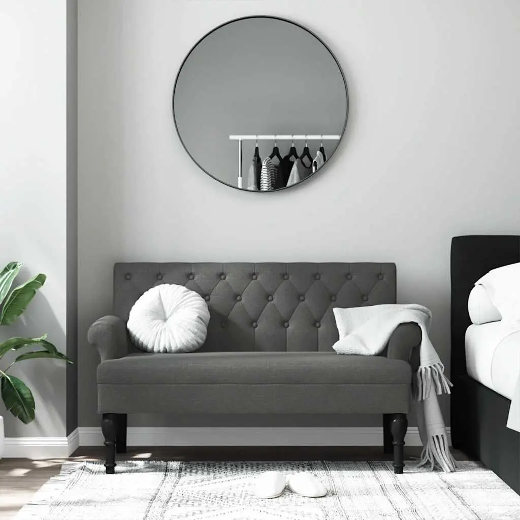 Bench with Backrest Grey Fabric Padded Seat Armrests Button Tufts Wooden Feet