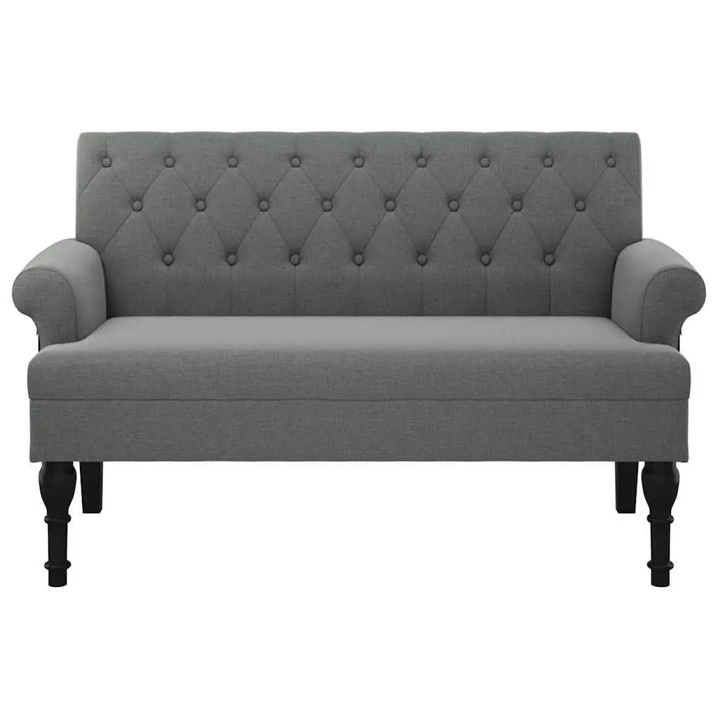 Bench with Backrest Grey Fabric Padded Seat Armrests Button Tufts Wooden Feet