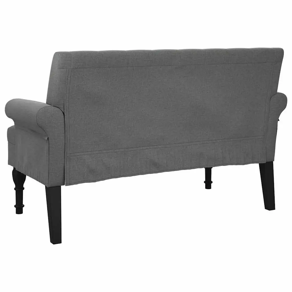 Bench with Backrest Grey Fabric Padded Seat Armrests Button Tufts Wooden Feet