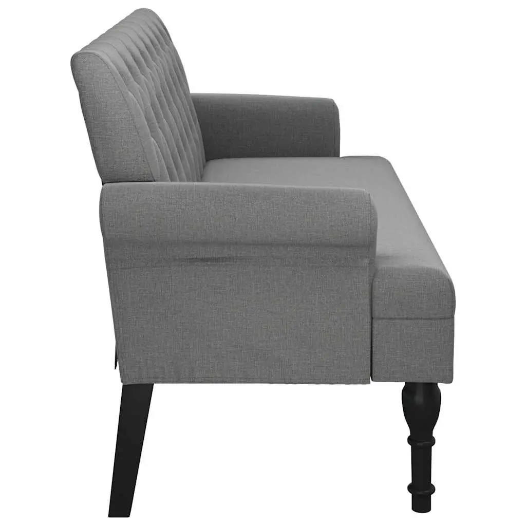 Bench with Backrest Grey Fabric Padded Seat Armrests Button Tufts Wooden Feet