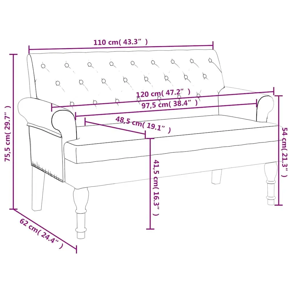Bench with Backrest Grey Fabric Padded Seat Armrests Button Tufts Wooden Feet