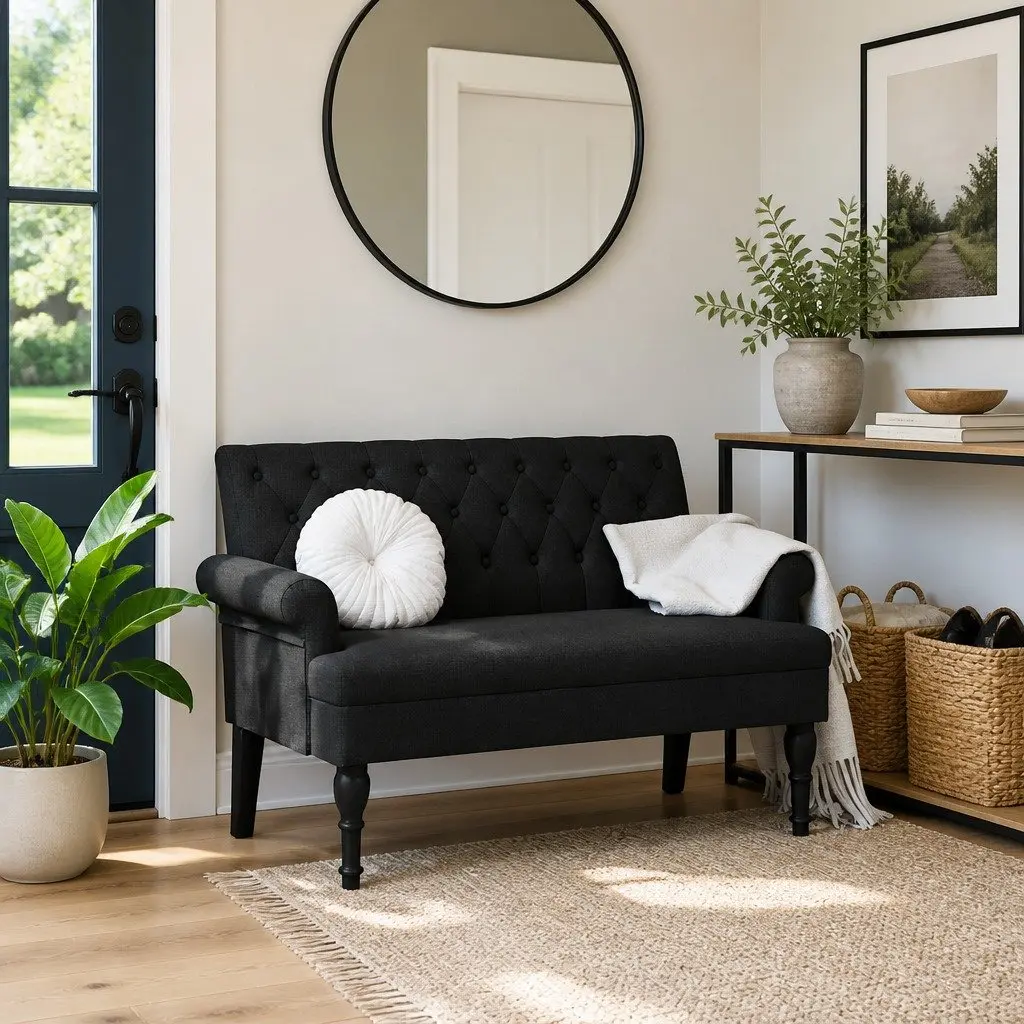 Black Fabric Bench with Tufted Backrest