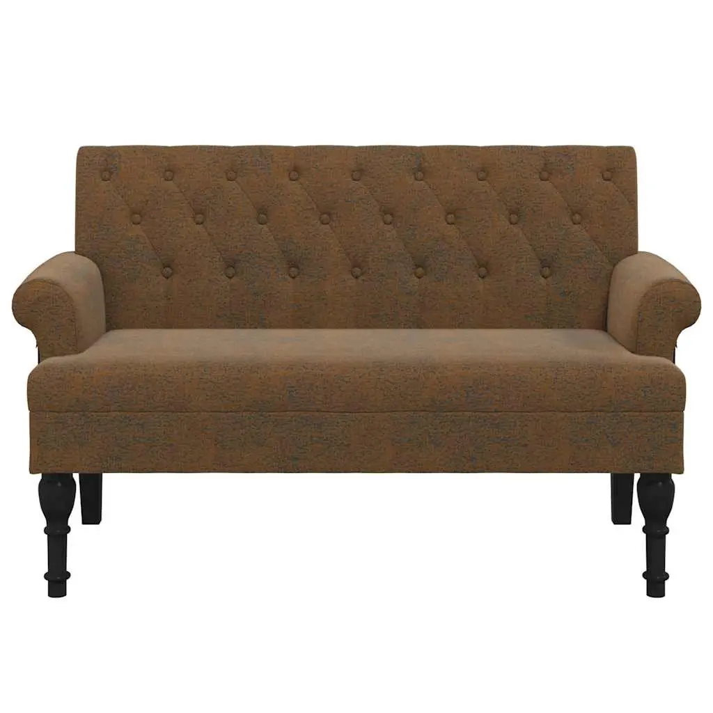 Bench with Backrest Brown Faux Suede Leather Padded Seat Armrests Elegant Design