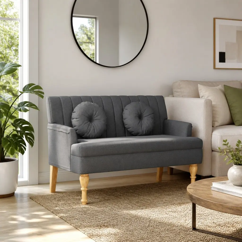 Grey Fabric Bench with Padded Seat Backrest Armrests for Home Office Use