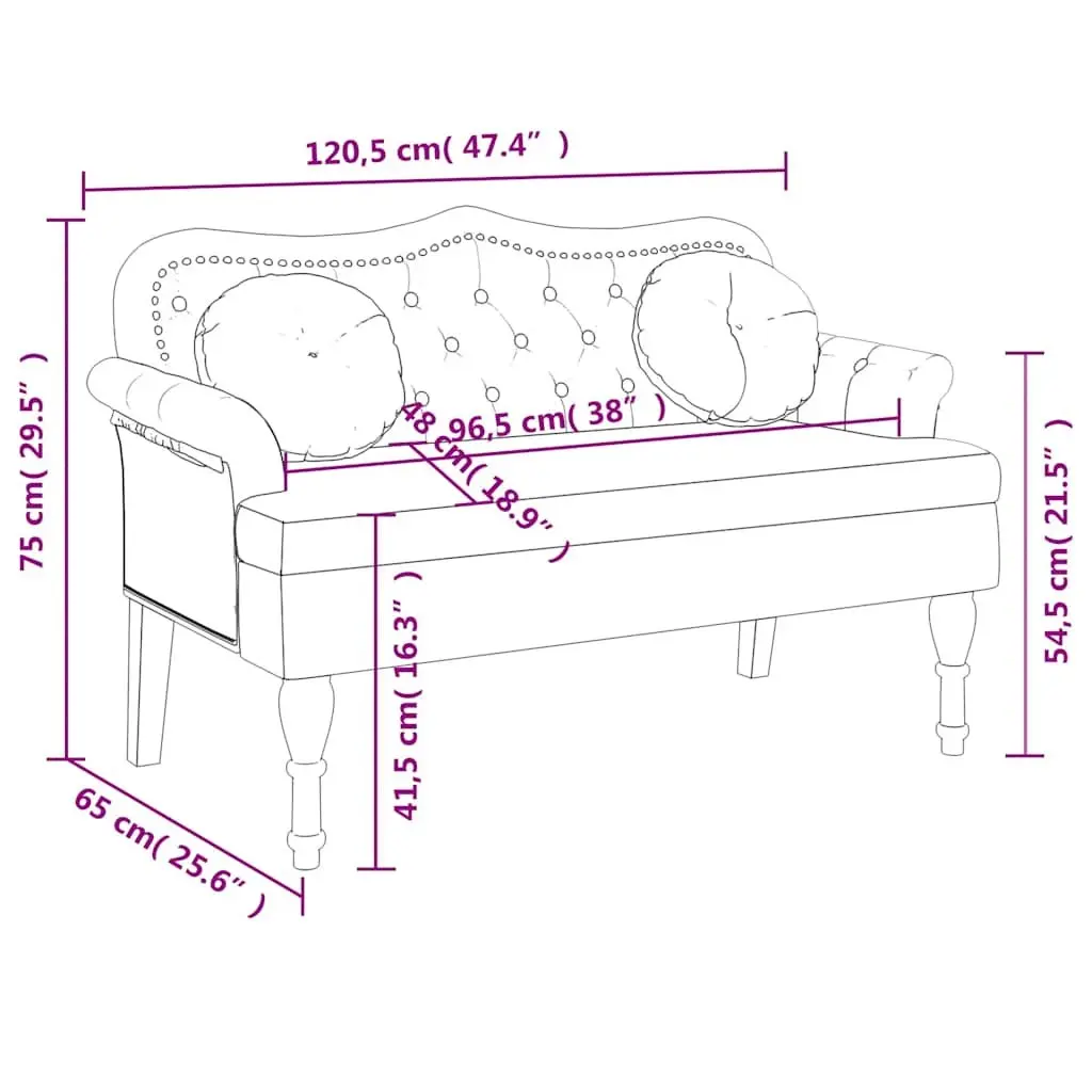 Bench Black Velvet Cushioned Seating with Backrest and Armrests 1205 x 650 x 750 mm