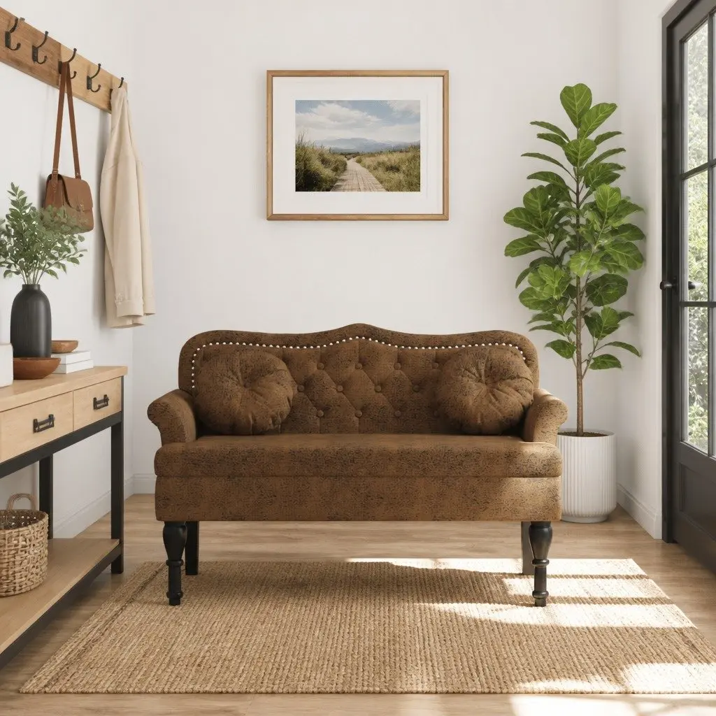 Bench Brown Faux Suede Upholstered Seat Backrest Armrests