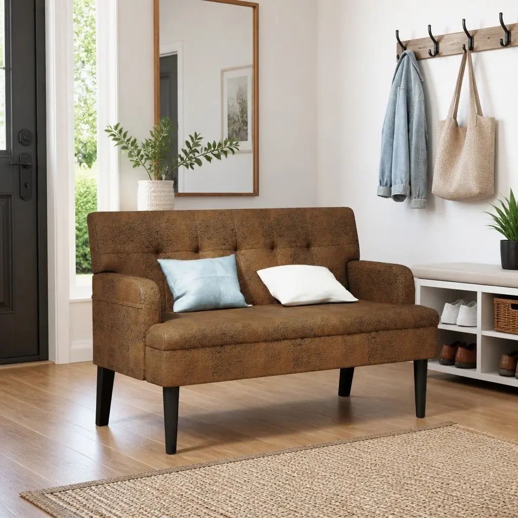 Brown Faux Suede Leather Bench with Armrests