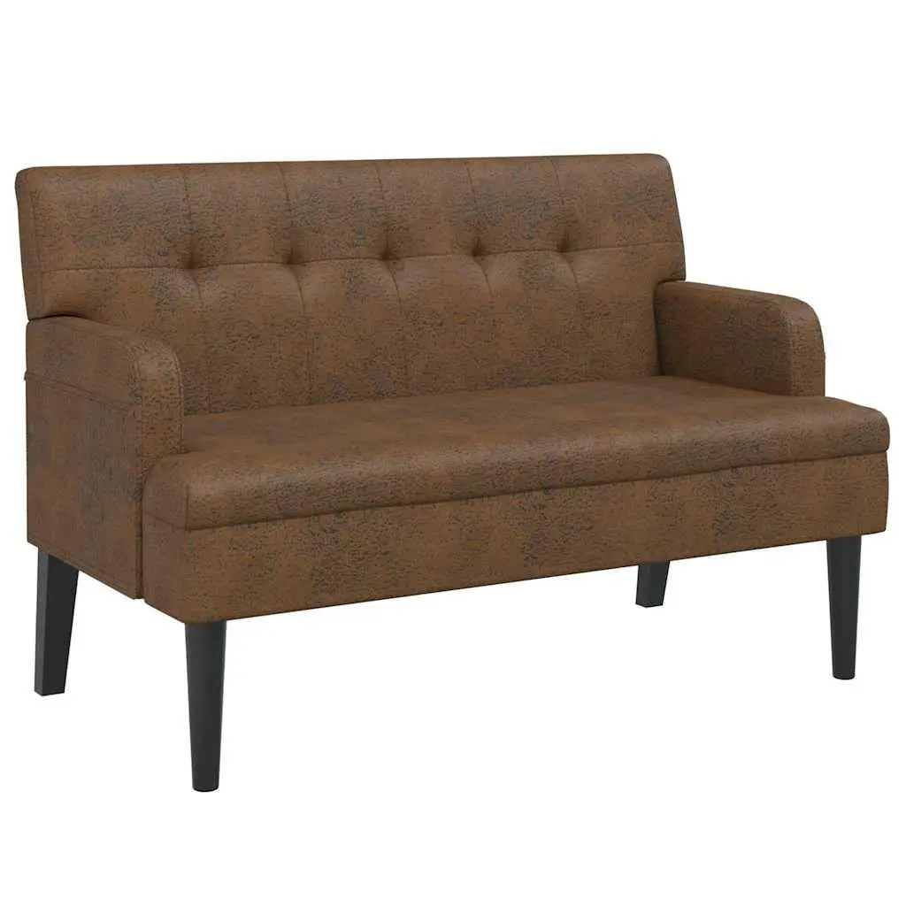 Bench Brown Faux Suede Leather Seating with Backrest and Armrests 112 x 65.5 x 75 cm