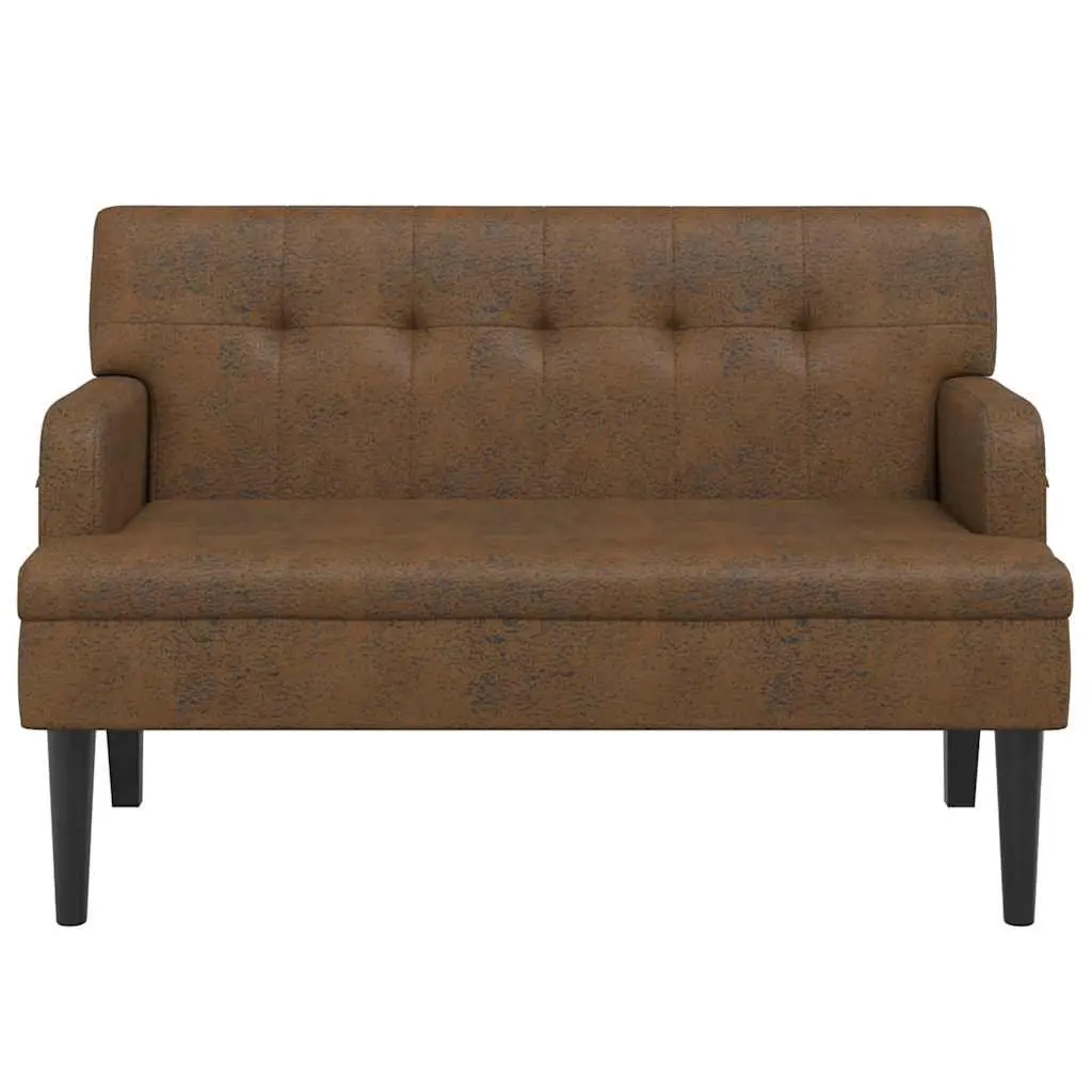 Bench Brown Faux Suede Leather Seating with Backrest and Armrests 112 x 65.5 x 75 cm