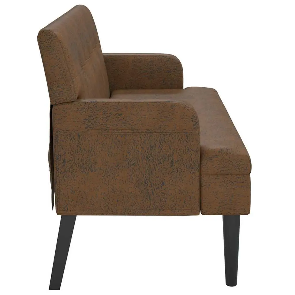 Bench Brown Faux Suede Leather Seating with Backrest and Armrests 112 x 65.5 x 75 cm